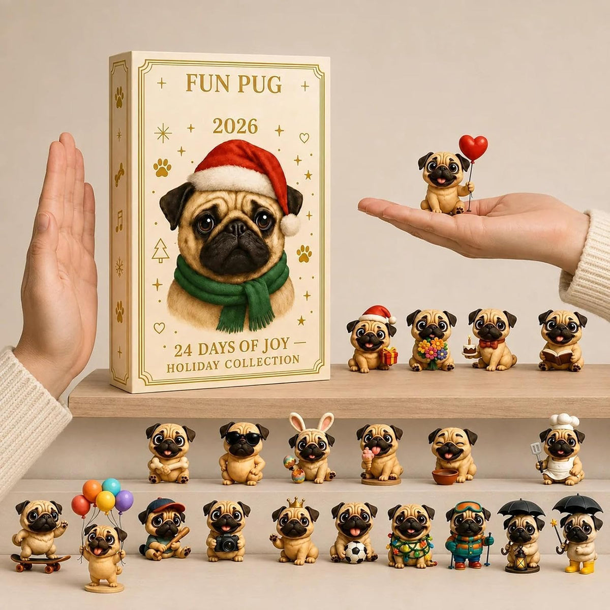 Pug Countdown Calendar 2026, 24 Three-Dimensional Figures