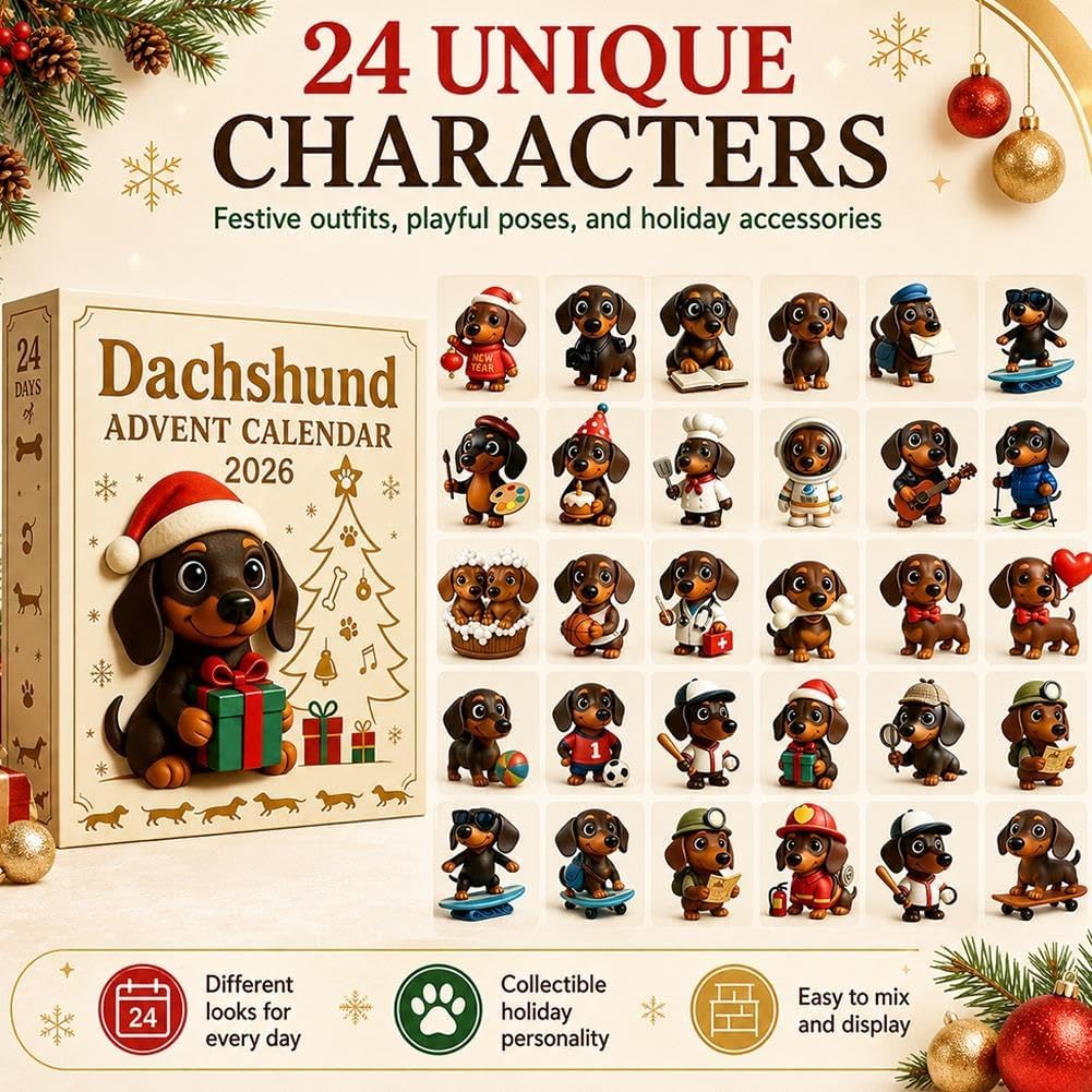 2026 Dachshund Advent Calendar 24 Days 3D Dog Figurines Christmas Ornaments
