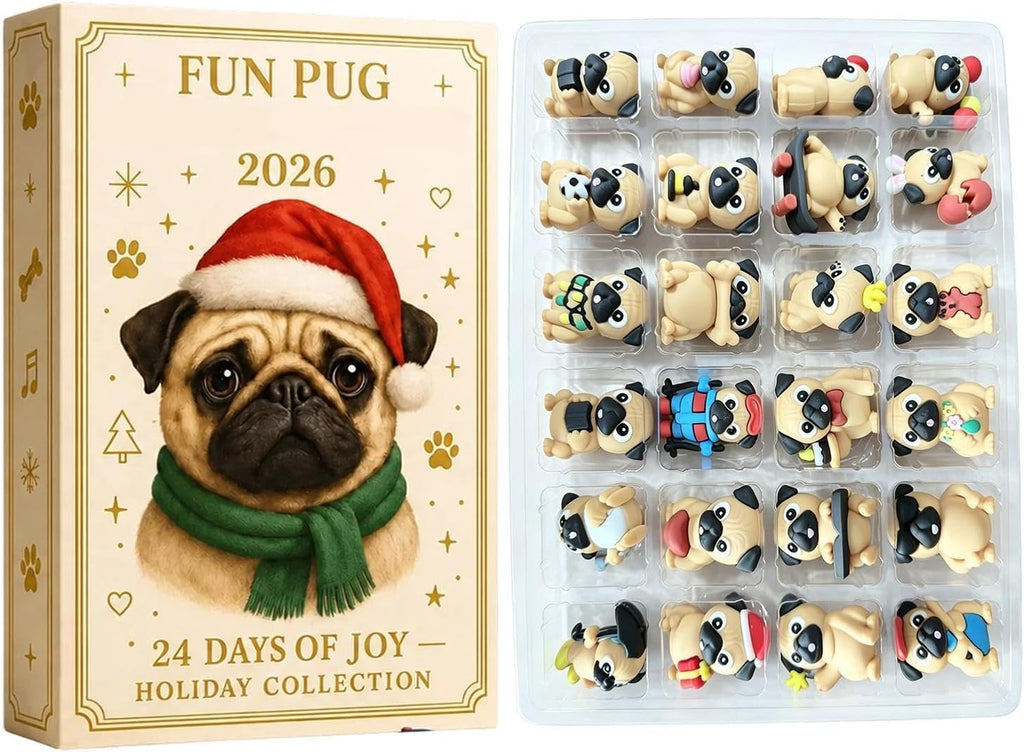 Pug Countdown Calendar 2026, 24 Three-Dimensional Figures