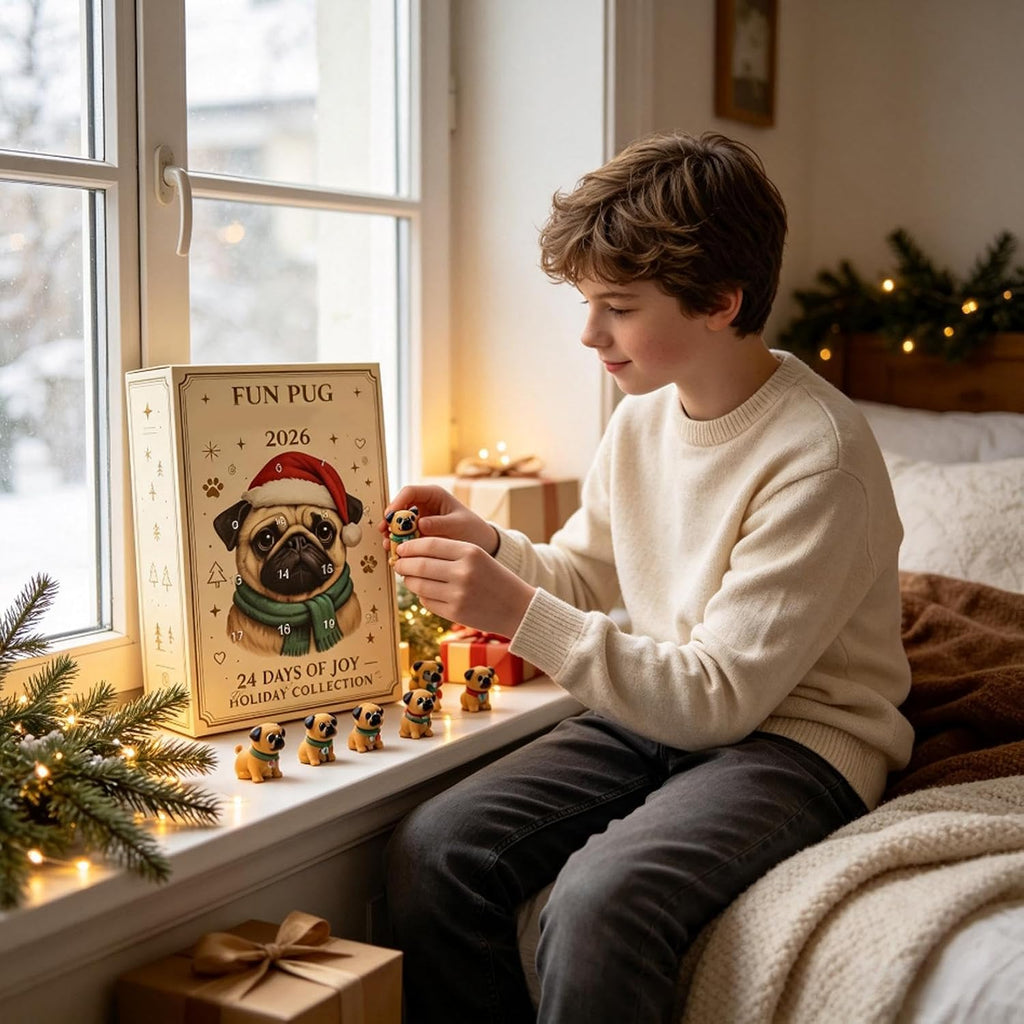 Pug Countdown Calendar 2026, 24 Three-Dimensional Figures