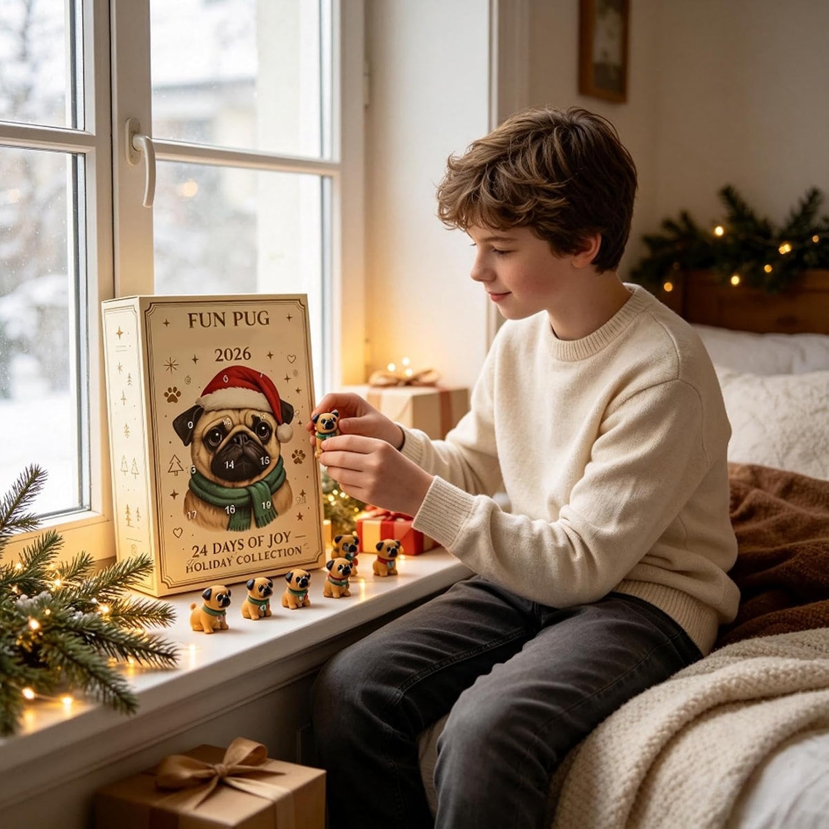 Pug Countdown Calendar 2026, 24 Three-Dimensional Figures