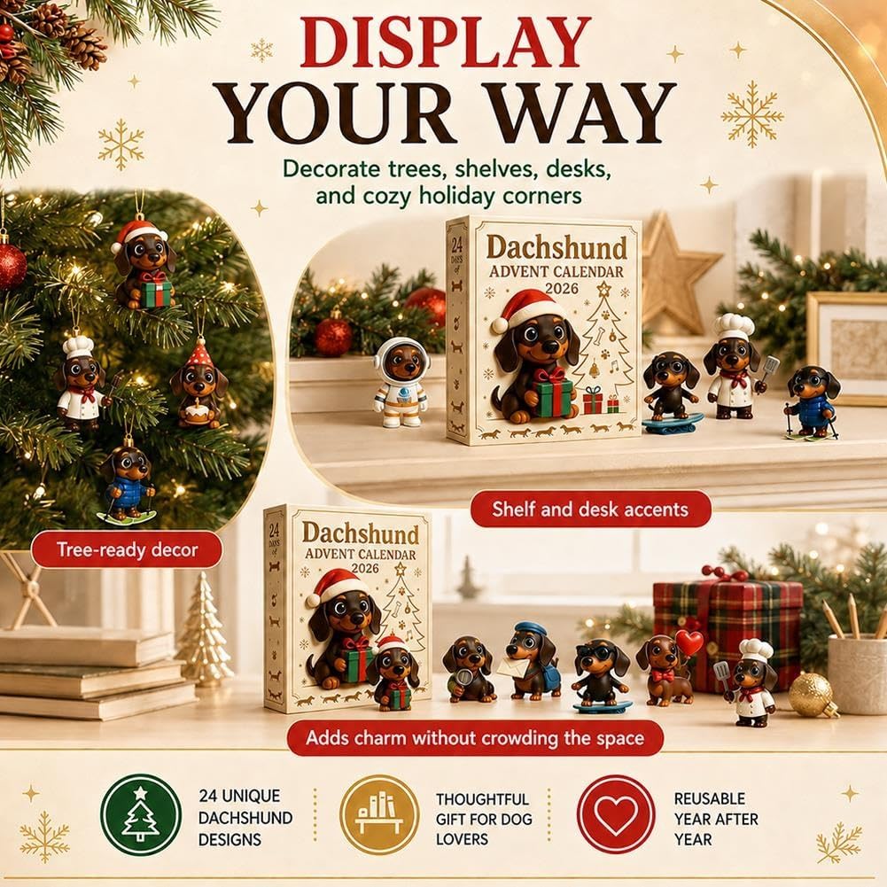 2026 Dachshund Advent Calendar 24 Days 3D Dog Figurines Christmas Ornaments