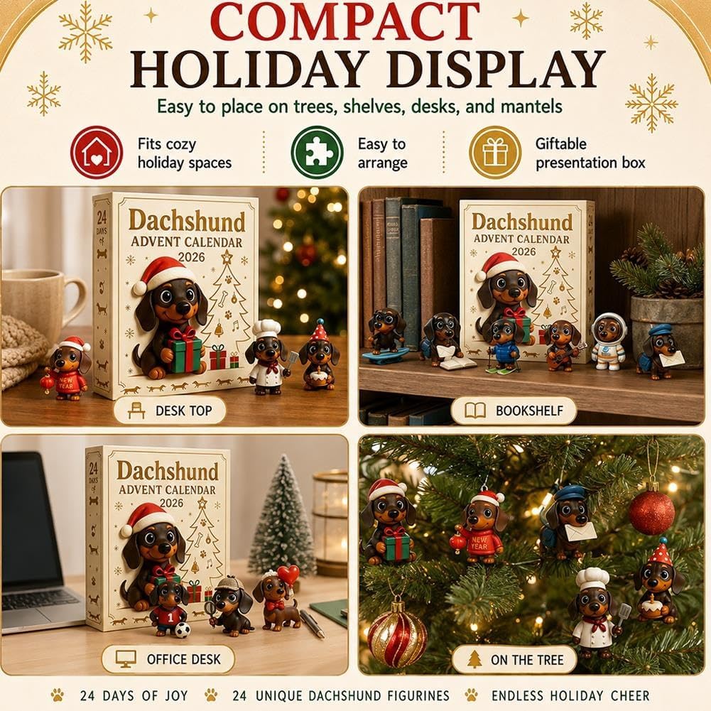 2026 Dachshund Advent Calendar 24 Days 3D Dog Figurines Christmas Ornaments