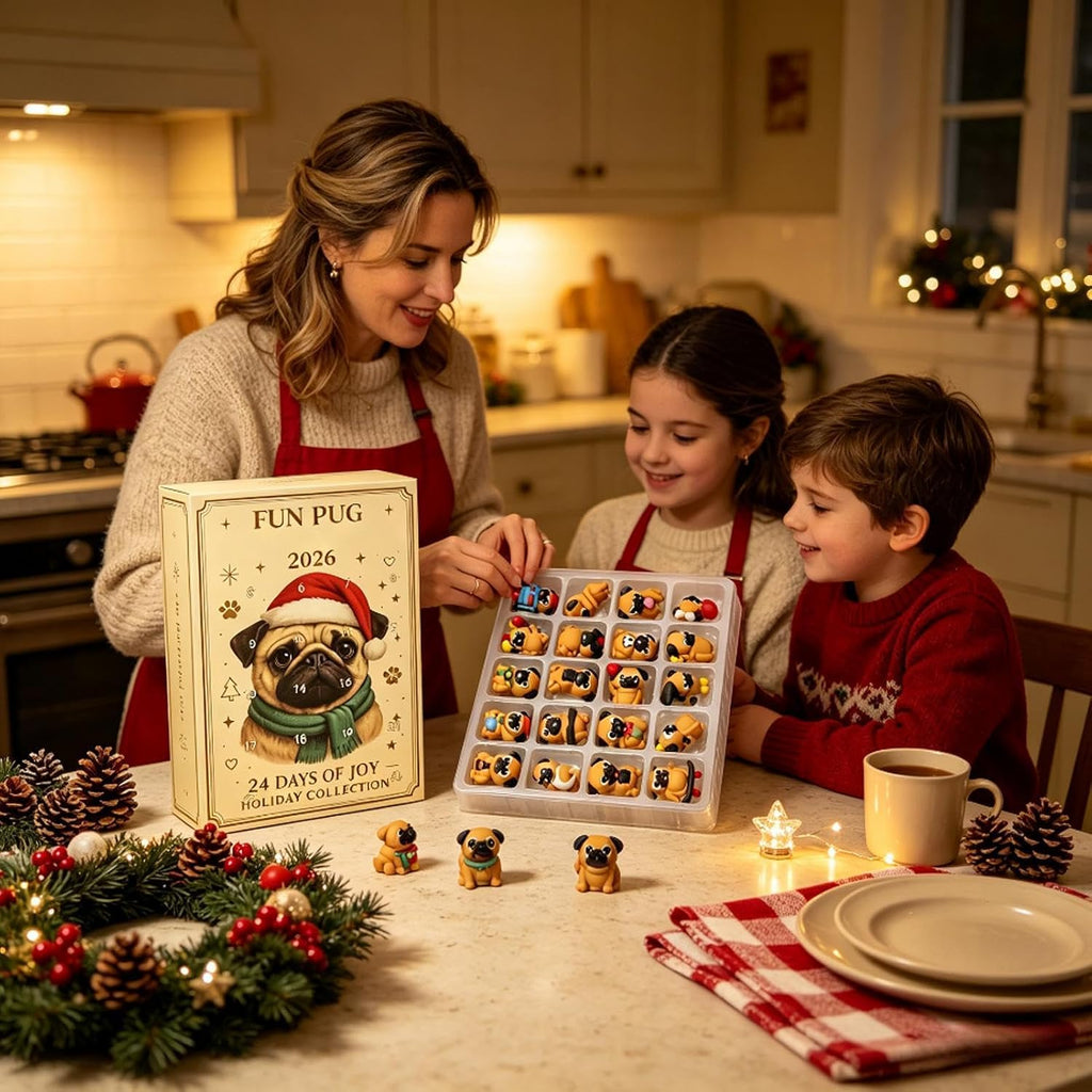 Pug Countdown Calendar 2026, 24 Three-Dimensional Figures