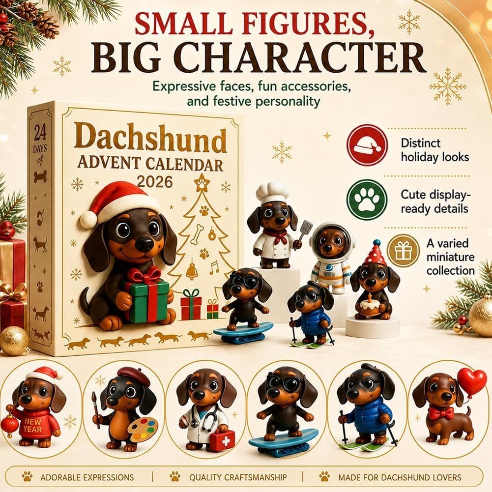 2026 Dachshund Advent Calendar 24 Days 3D Dog Figurines Christmas Ornaments