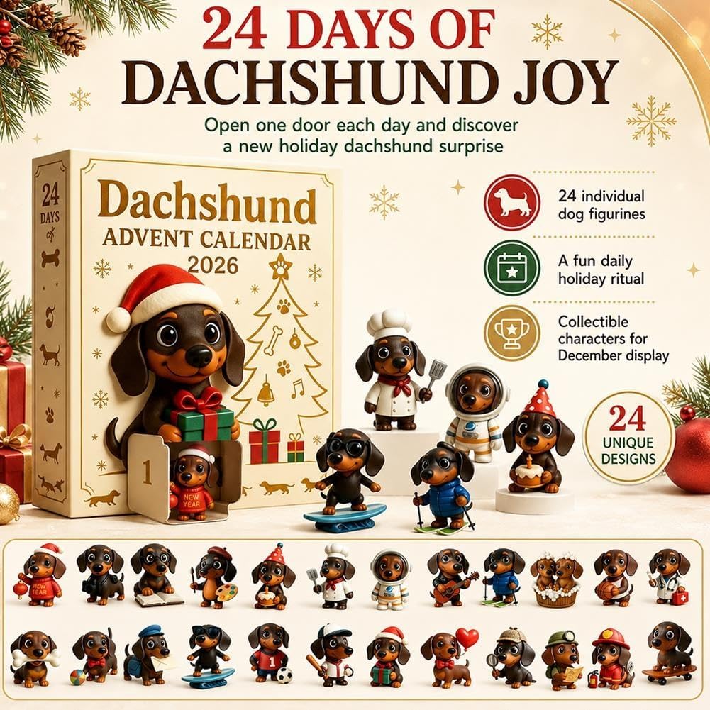 2026 Dachshund Advent Calendar 24 Days 3D Dog Figurines Christmas Ornaments