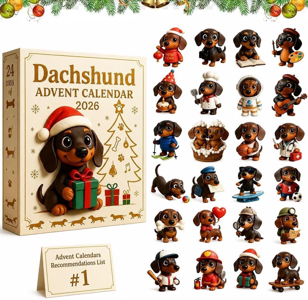 2026 Dachshund Advent Calendar 24 Days 3D Dog Figurines Christmas Ornaments