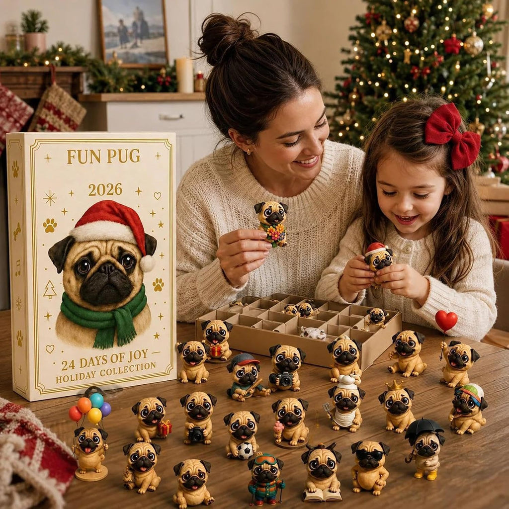 Pug Countdown Calendar 2026, 24 Three-Dimensional Figures