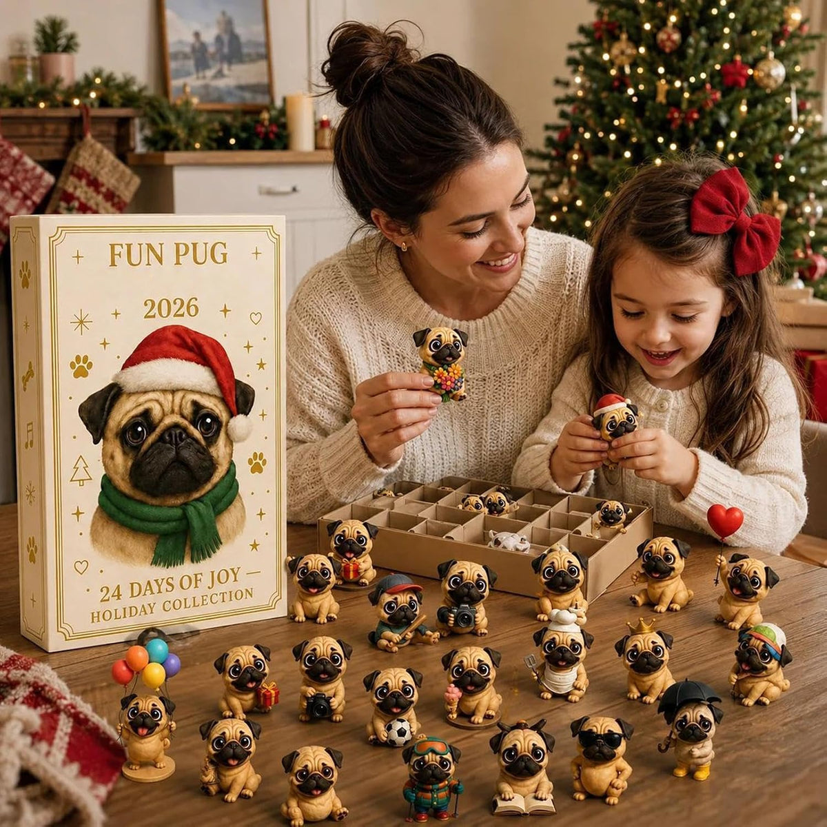 Pug Countdown Calendar 2026, 24 Three-Dimensional Figures