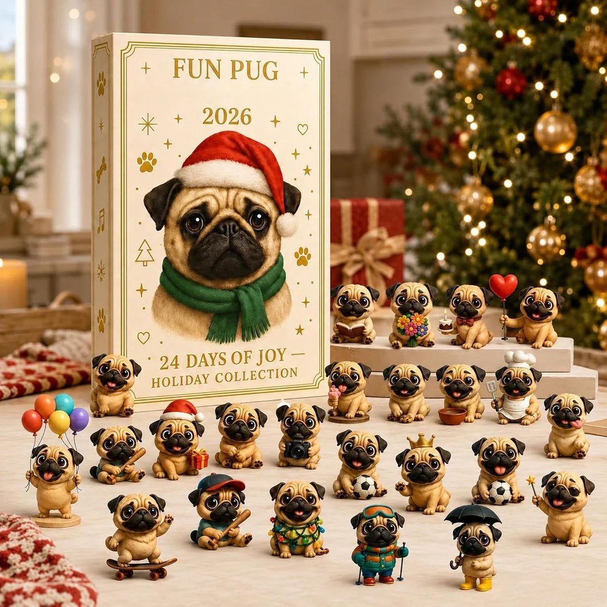 Pug Countdown Calendar 2026, 24 Three-Dimensional Figures