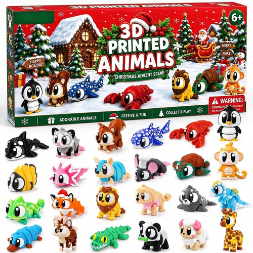 2026 Christmas Advent Calendar – 24 Mini 3D-Printed Articulated Animal Figurines, Big-Eyed Fidget Toys for Kids Ages 6+