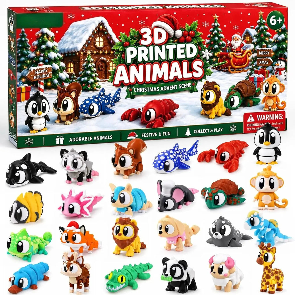 2026 Christmas Advent Calendar – 24 Mini 3D-Printed Articulated Animal Figurines, Big-Eyed Fidget Toys for Kids Ages 6+