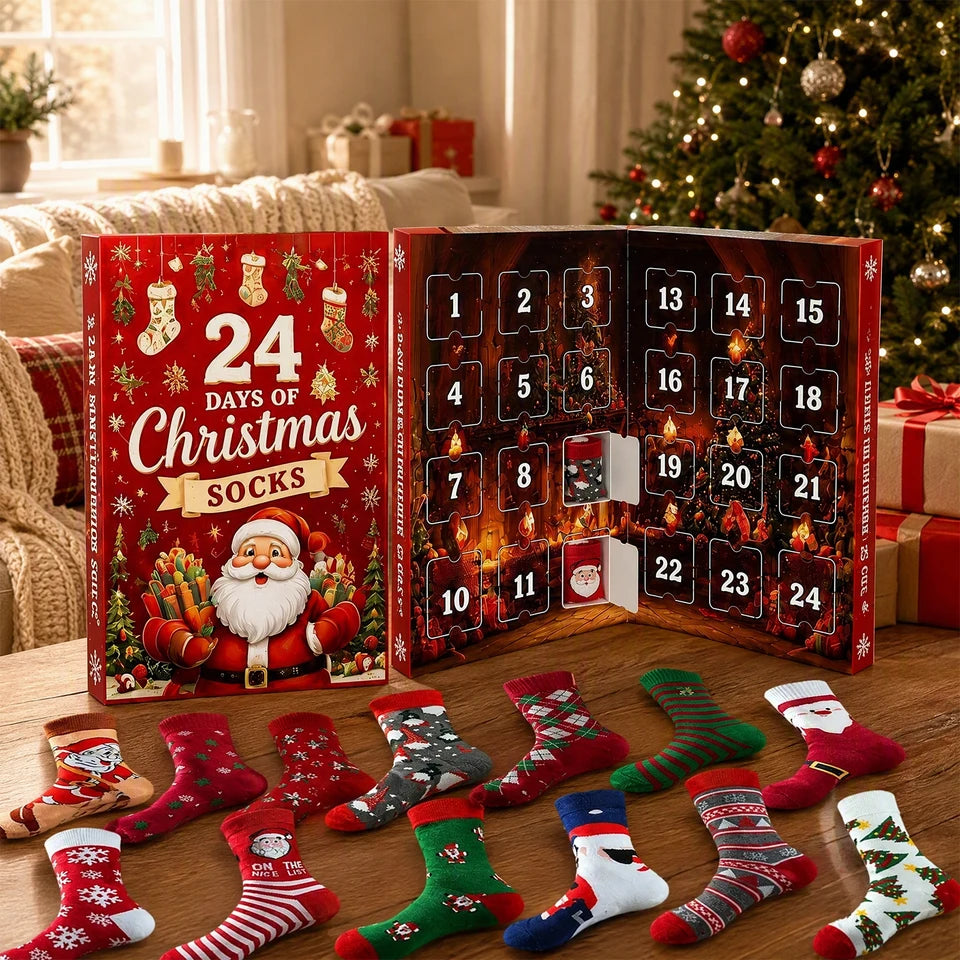 Christmas Advent Calendar 2026 Socks Set 24 Days Countdown Holiday Warm Novelty Socks Gift Box for Women Men