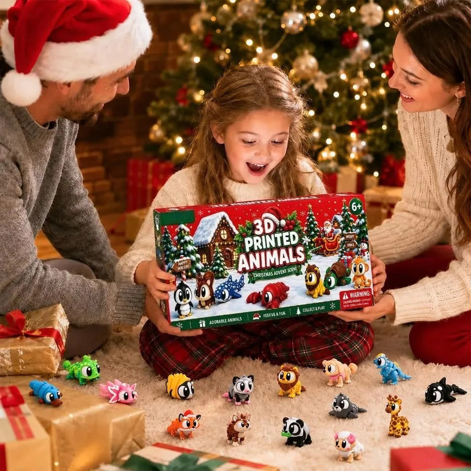 2026 Christmas Advent Calendar – 24 Mini 3D-Printed Articulated Animal Figurines, Big-Eyed Fidget Toys for Kids Ages 6+