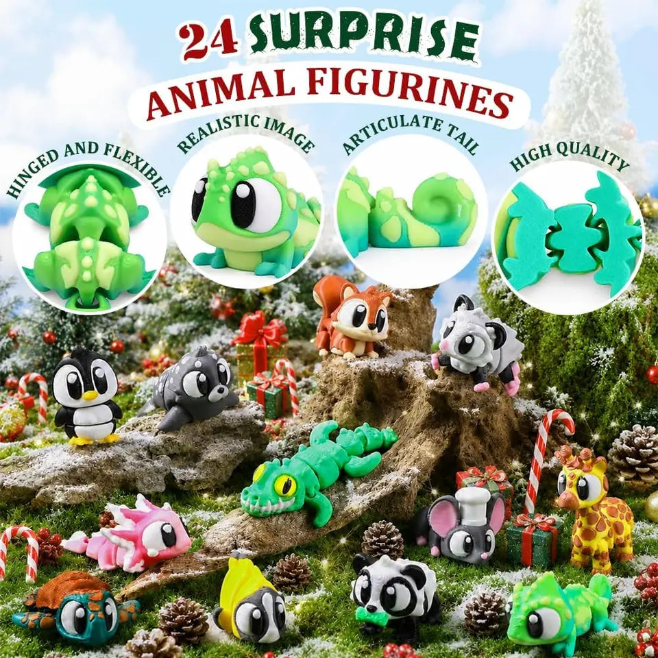 2026 Christmas Advent Calendar – 24 Mini 3D-Printed Articulated Animal Figurines, Big-Eyed Fidget Toys for Kids Ages 6+