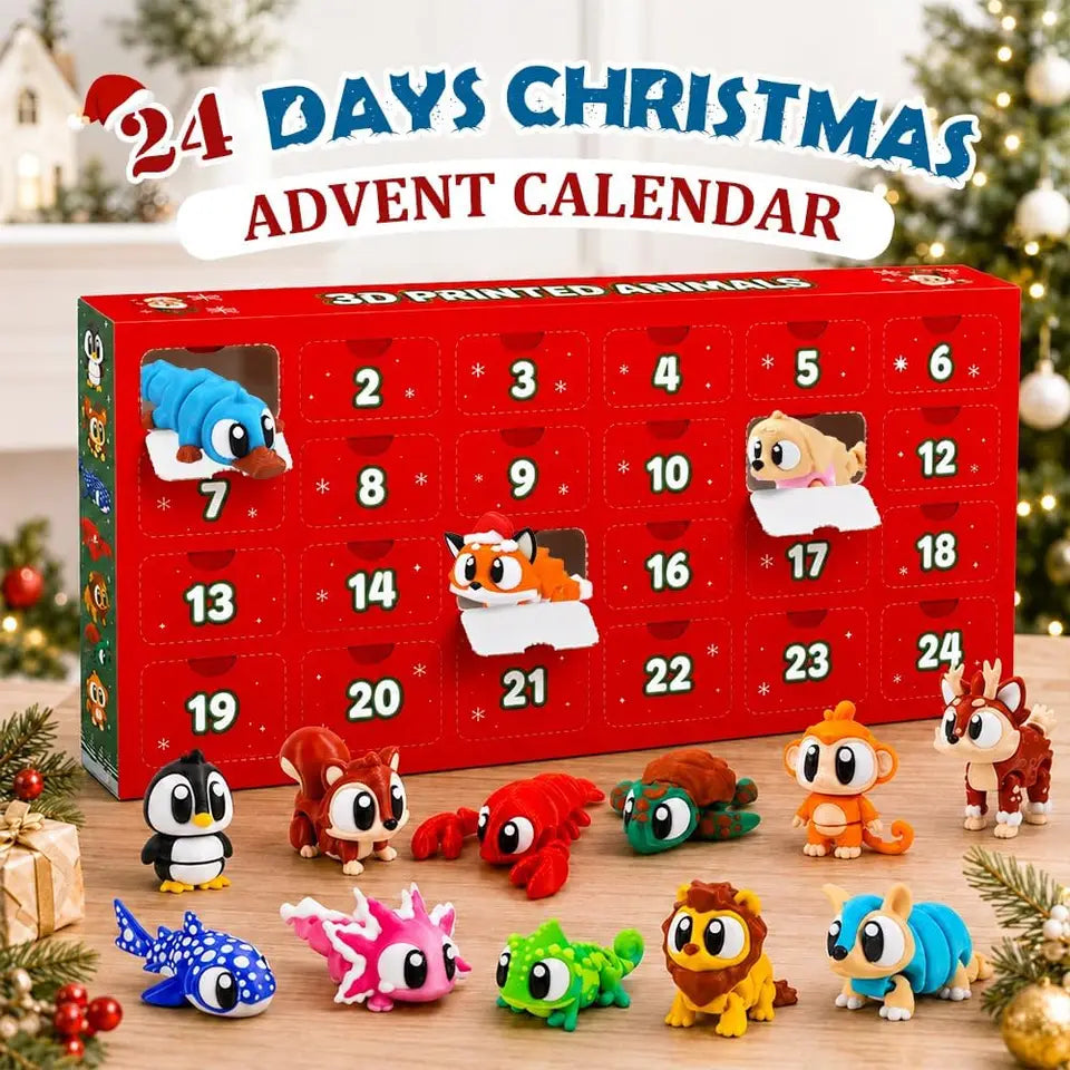 2026 Christmas Advent Calendar – 24 Mini 3D-Printed Articulated Animal Figurines, Big-Eyed Fidget Toys for Kids Ages 6+