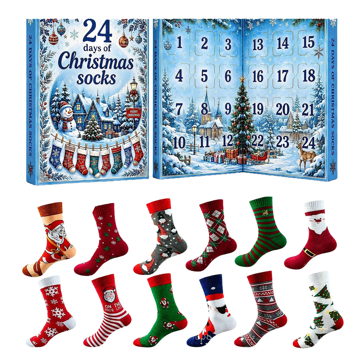 Christmas Advent Calendar 2026 Socks Set 24 Days Countdown Holiday Warm Novelty Socks Gift Box for Women Men