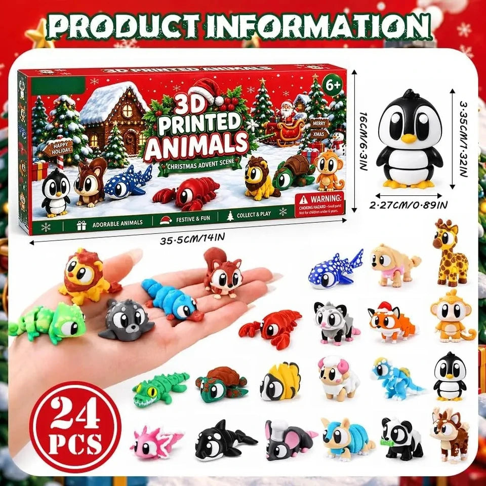 2026 Christmas Advent Calendar – 24 Mini 3D-Printed Articulated Animal Figurines, Big-Eyed Fidget Toys for Kids Ages 6+