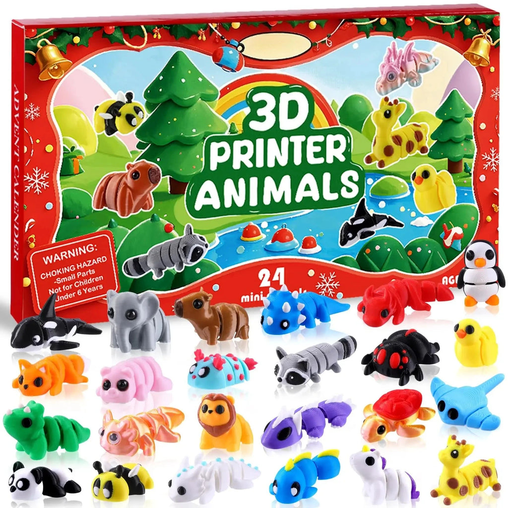 2026 Christmas Advent Calendar – 24 Mini 3D-Printed Articulated Animal Figurines, Big-Eyed Fidget Toys for Kids Ages 6+