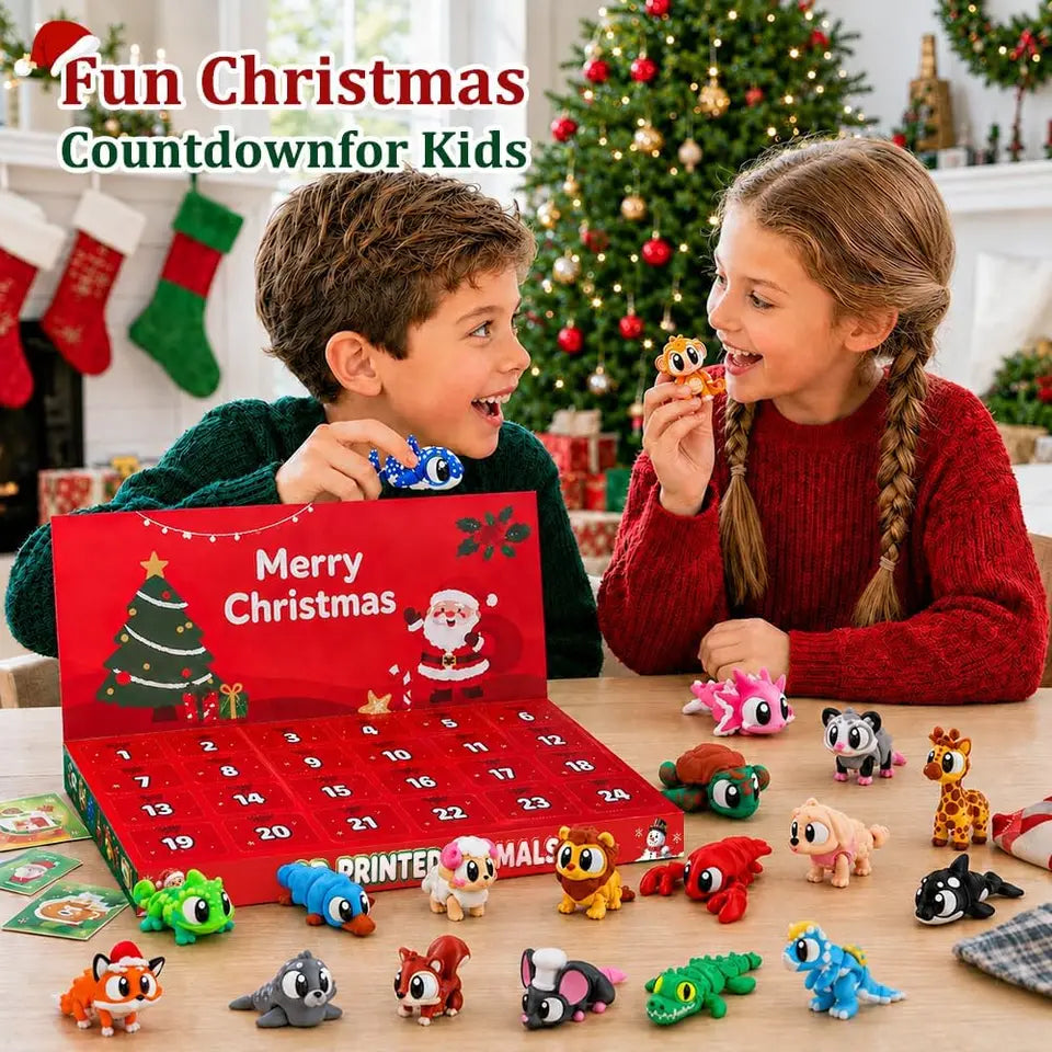 2026 Christmas Advent Calendar – 24 Mini 3D-Printed Articulated Animal Figurines, Big-Eyed Fidget Toys for Kids Ages 6+